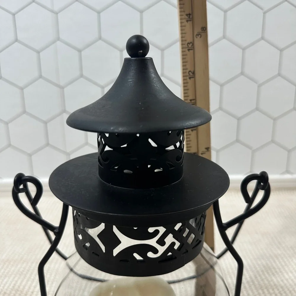Black‎ Metal Glass Hurricane Lantern with LED Flameless Candle 13.5 Inch